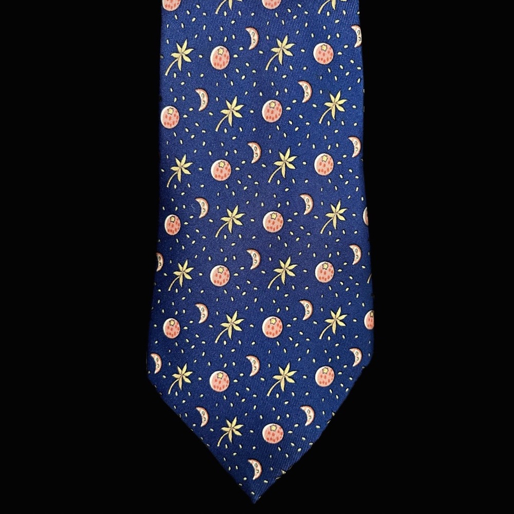 ***SOLD*** HERMES - EUC - Blue Silk Tie with Leaves and Moon Motif. - Picture 4 of 8